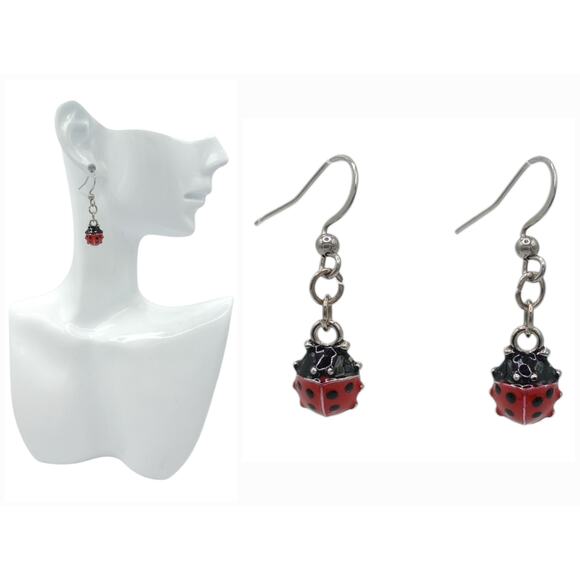 Cute dainty red Ladybug Dangle Earrings Dangly Bug Jewelry insect Lady Bug - Picture 3 of 4